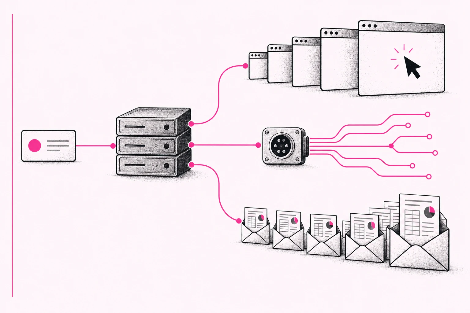 One subscription connected to a software service, browser, API and a stream of email reports