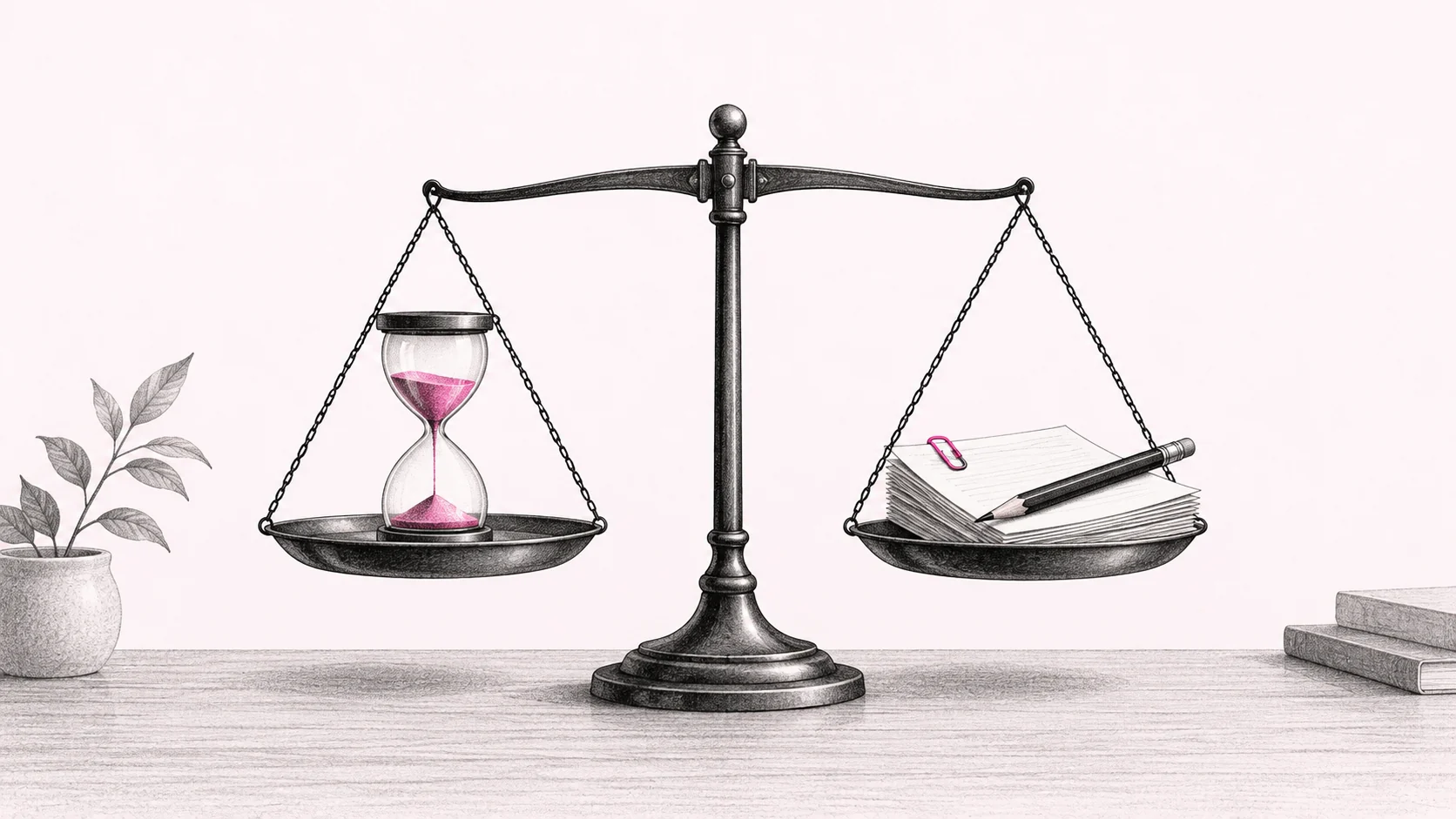 A balance with an hourglass and papers for review, with pink sand and a paper clip