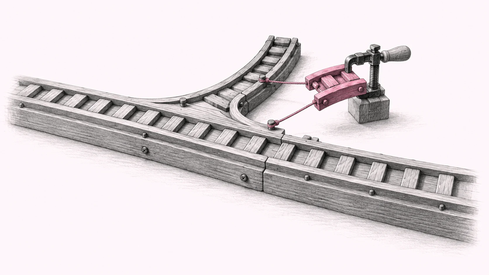 A small section of a wooden track is moved aside while remaining connected to the intact main structure.