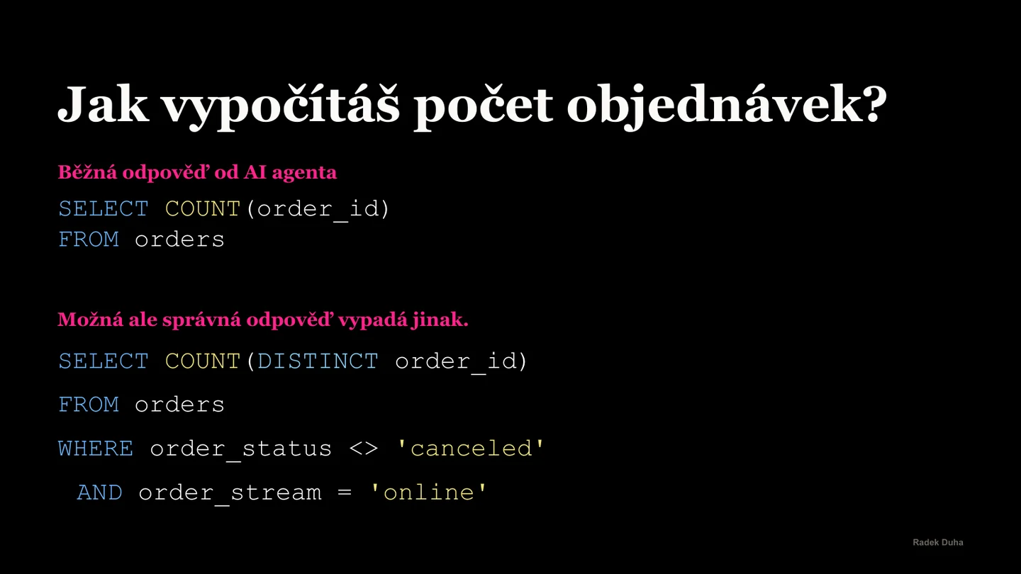 Slide ukazující rozdíl mezi běžnou a možná správnou odpovědí na výpočet počtu objednávek
