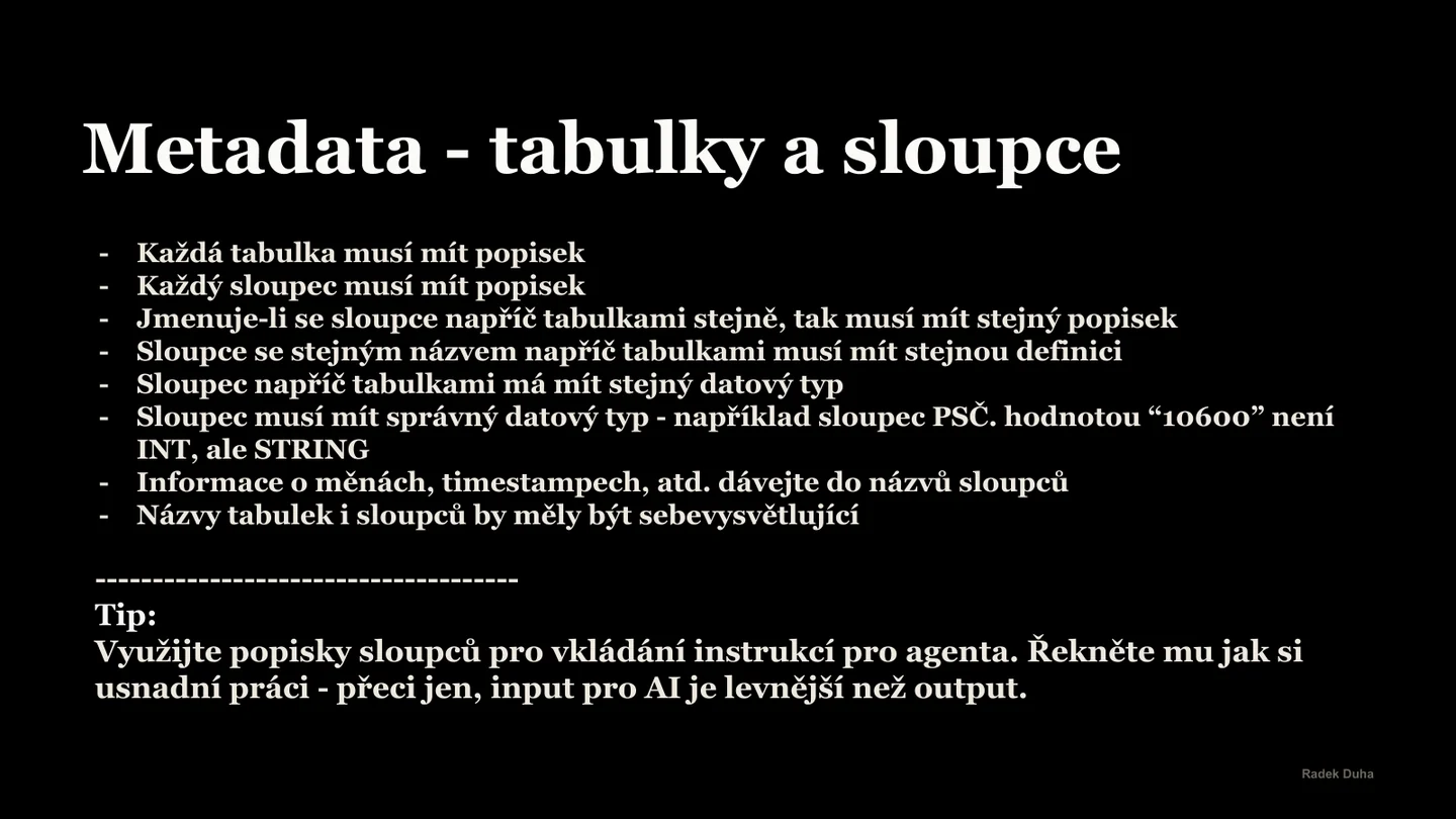 Slide s pravidly pro metadata tabulek a sloupců