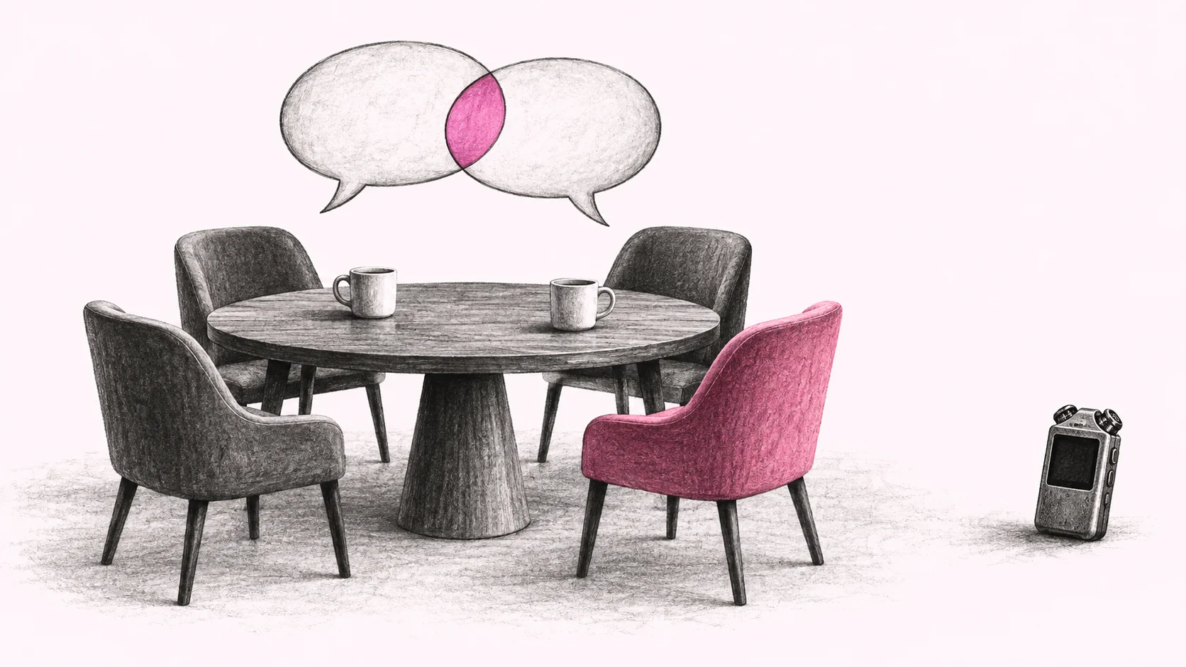A table with four empty chairs, conversation bubbles, and an audio recorder set aside