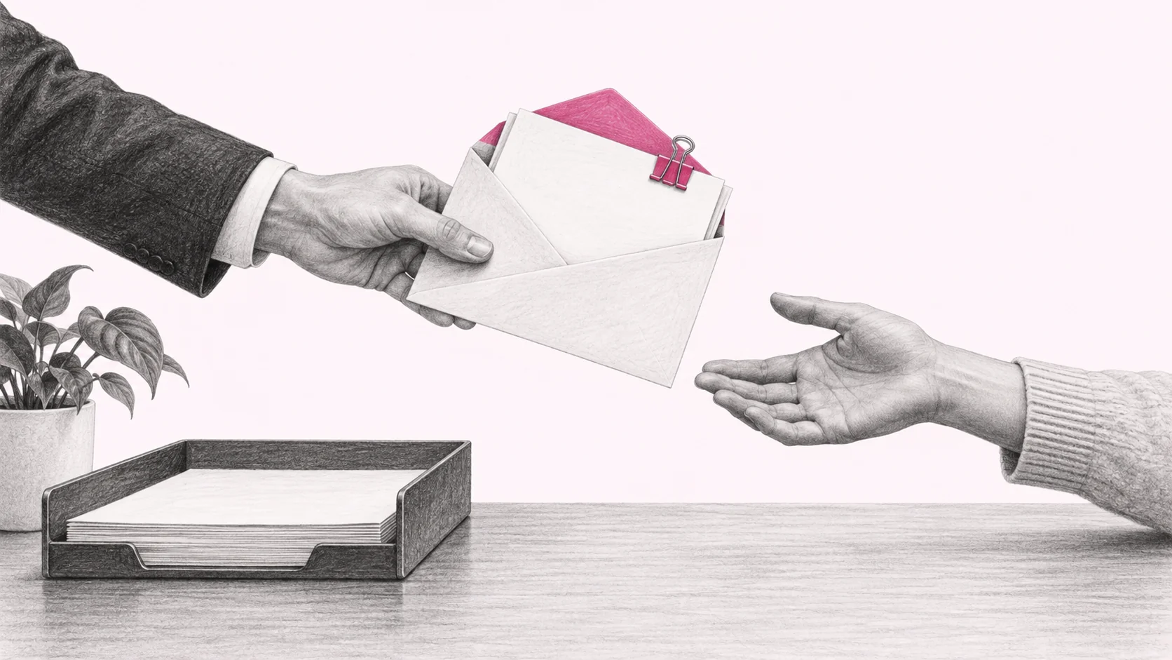 Two hands passing an envelope of blank documents with a pink binder clip across a desk