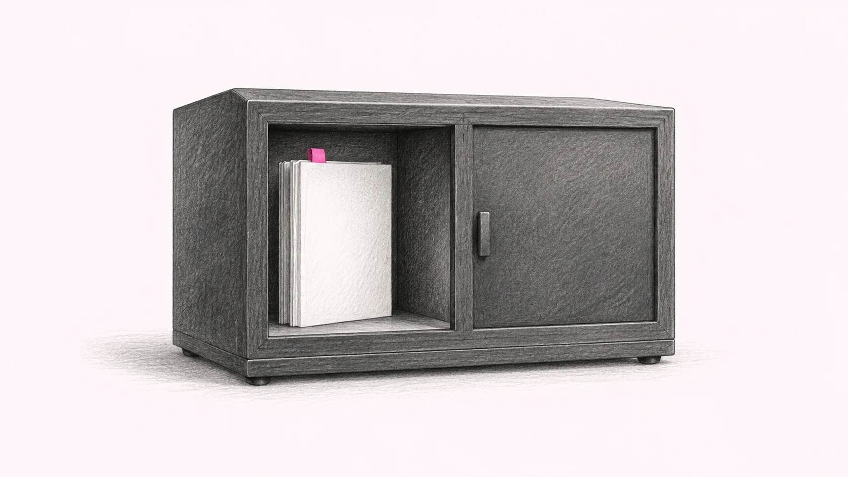 Blank sheets with a pink tab are visible through one cabinet opening; a closed shutter covers the opening beside it.