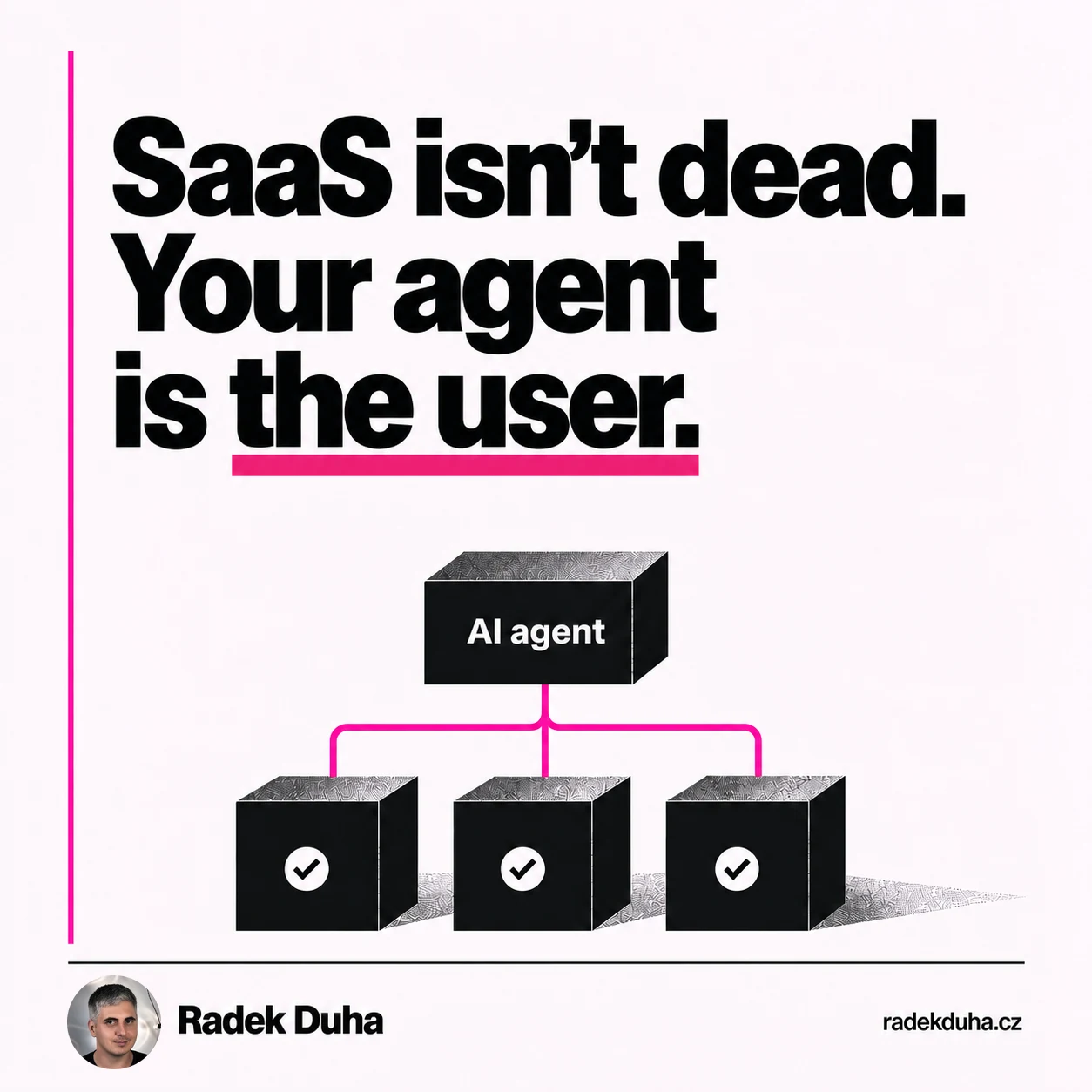 SaaS isn’t dead. Your agent is the user. Ilustrace agenta propojeného se specializovanými nástroji a původní fotografie Radka Duhy.